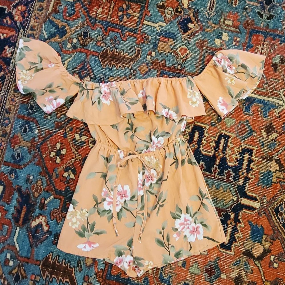 Ruffle Off-Shoulder Floral Romper in Coral